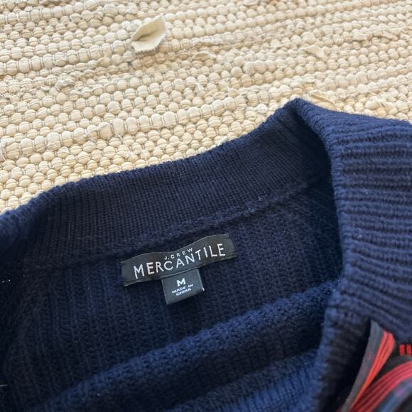 J Crew Mercantile Navy Blue Knit High Neck Sweater Red Plaid Bow Size M Preppy - Picture 3 of 8